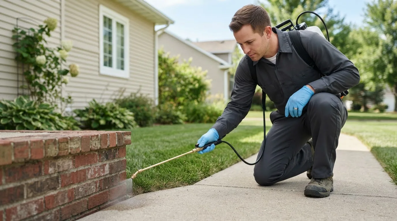 Pest control technician treating a home near Philomath, OR